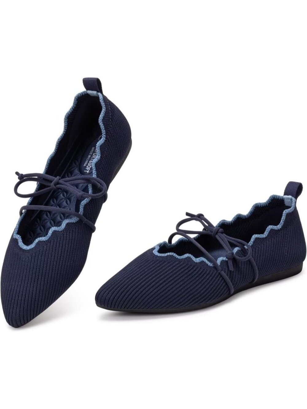 Women's Navy Rubber Knitted Slip On Pointed Toe with Ruffled Vamp Elastic Flats